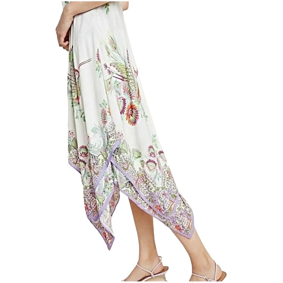 ANTHROPOLOGIE Analise Floral Midi Dress Bird Print Handkerchief Hem, size 2 - Picture 7 of 8